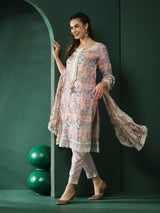 Cream Schiffli Pakistani Kurta Pant With Dupatta - Elganza