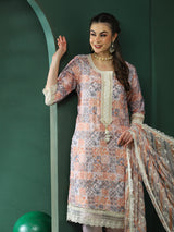 Cream Schiffli Pakistani Kurta Pant With Dupatta - Elganza