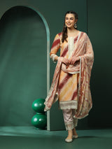 Cream Schiffli Work Pakistani Kurta Pant With Dupatta - Elganza