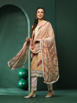 Cream Schiffli Work Pakistani Kurta Pant With Dupatta - Elganza