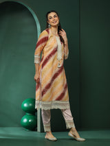 Cream Schiffli Work Pakistani Kurta Pant With Dupatta - Elganza