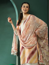 Cream Schiffli Work Pakistani Kurta Pant With Dupatta - Elganza