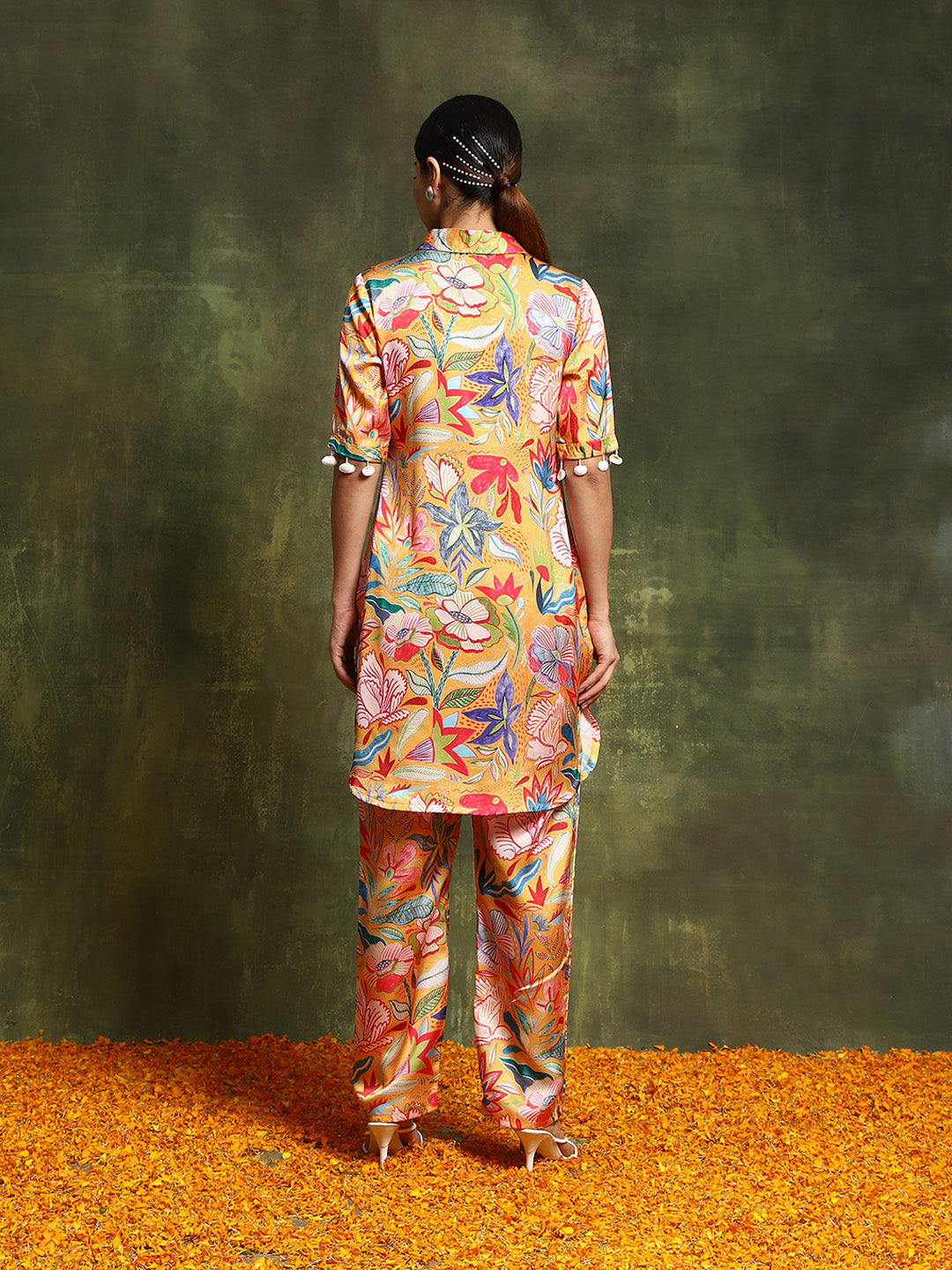 Mustard Floral Printed Kurta With Palazzo - Elganza
