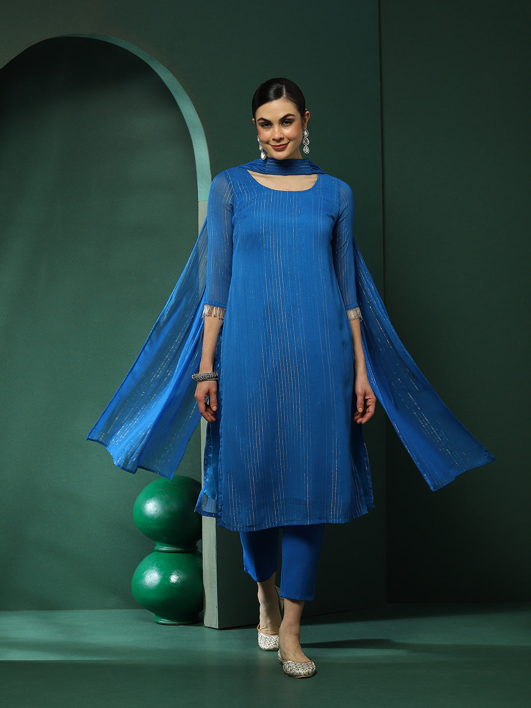Blue Lurex Kurta Pant With Dupatta - Elganza