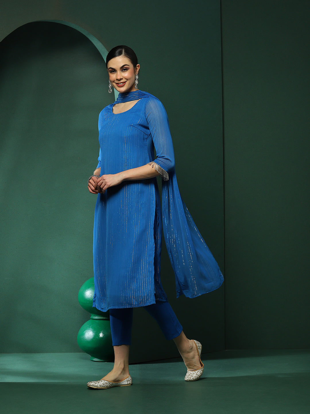 Blue Lurex Kurta Pant With Dupatta - Elganza