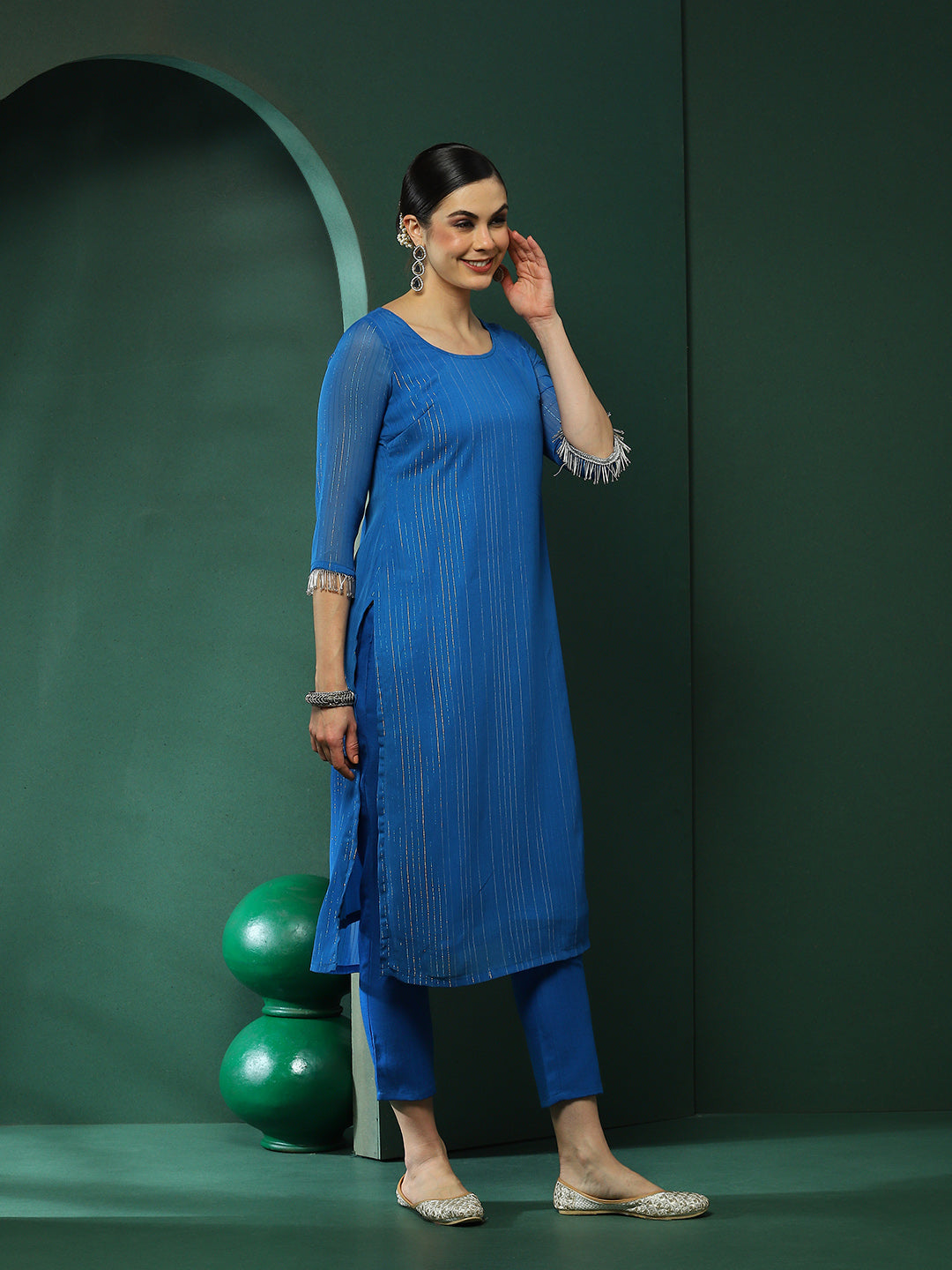 Blue Lurex Kurta Pant With Dupatta - Elganza