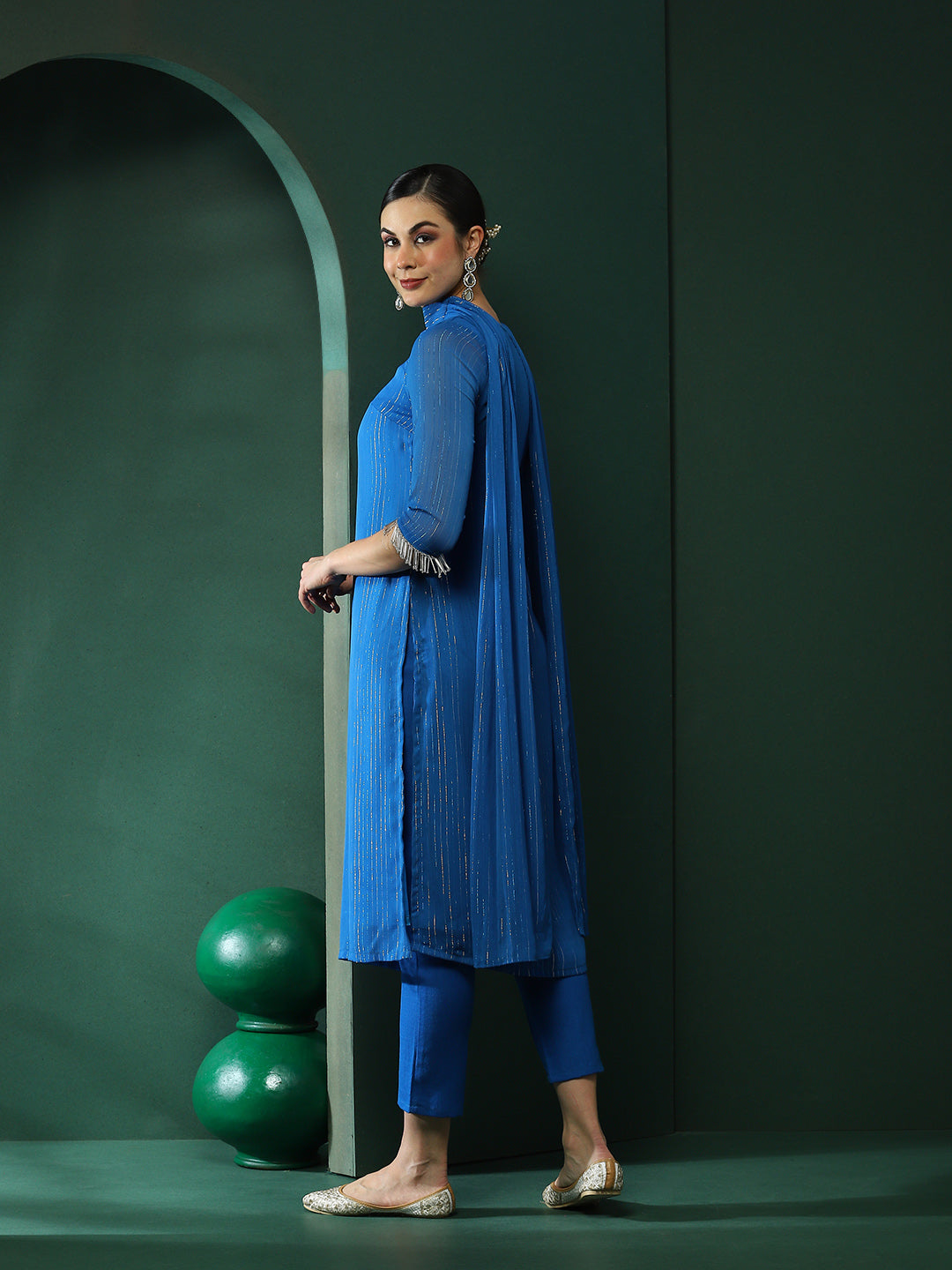 Blue Lurex Kurta Pant With Dupatta - Elganza
