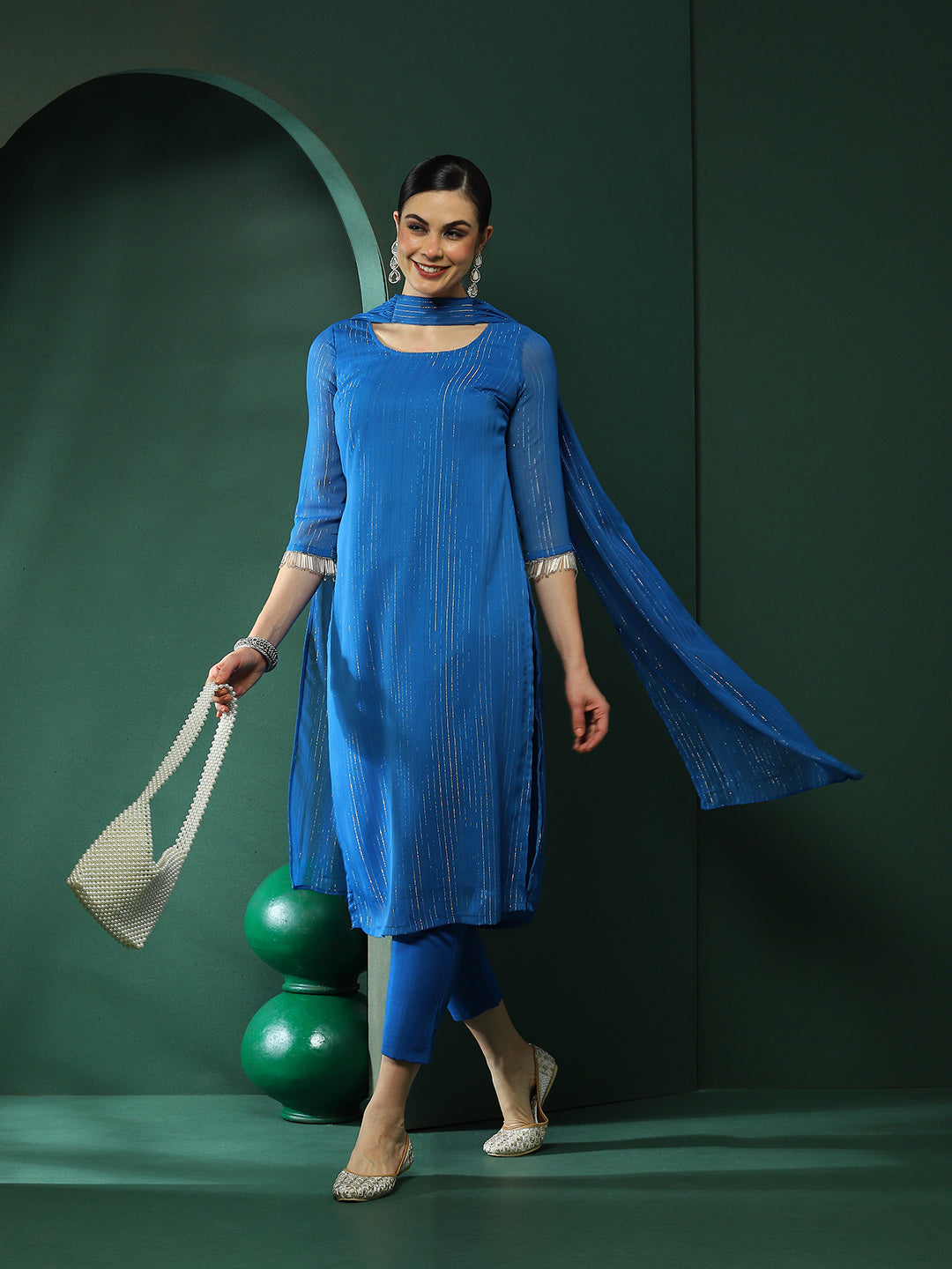 Blue Lurex Kurta Pant With Dupatta - Elganza