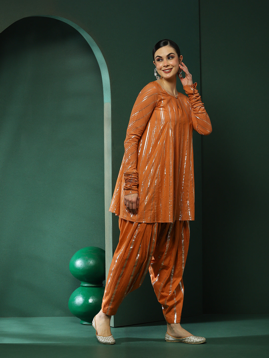 Orange Lurex Flared Co-Ords Set - Elganza