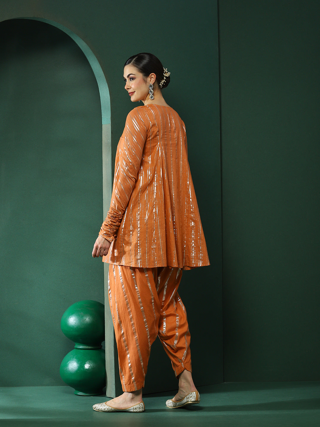 Orange Lurex Flared Co-Ords Set - Elganza