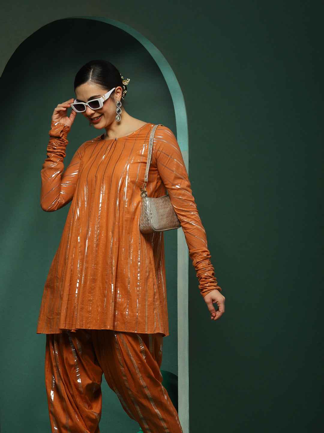 Orange Lurex Flared Co-Ords Set - Elganza