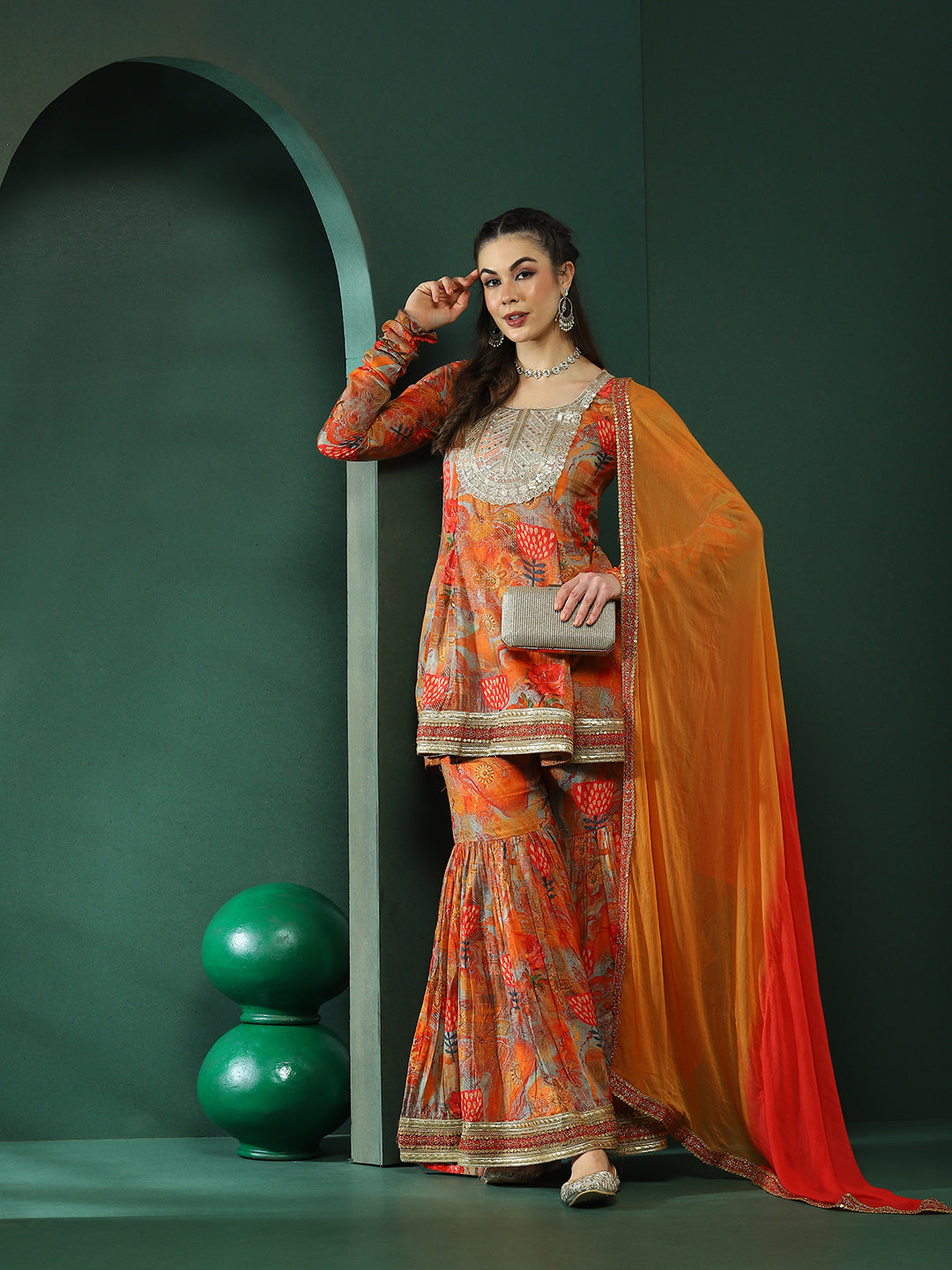 Multicolor Floral Print Kurta Sharara With Dupatta - Elganza