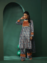 Blue Persian Motif Suit Set with Dupatta - Elganza
