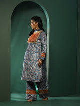 Blue Persian Motif Suit Set with Dupatta - Elganza