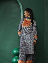 Blue Persian Motif Suit Set with Dupatta - Elganza