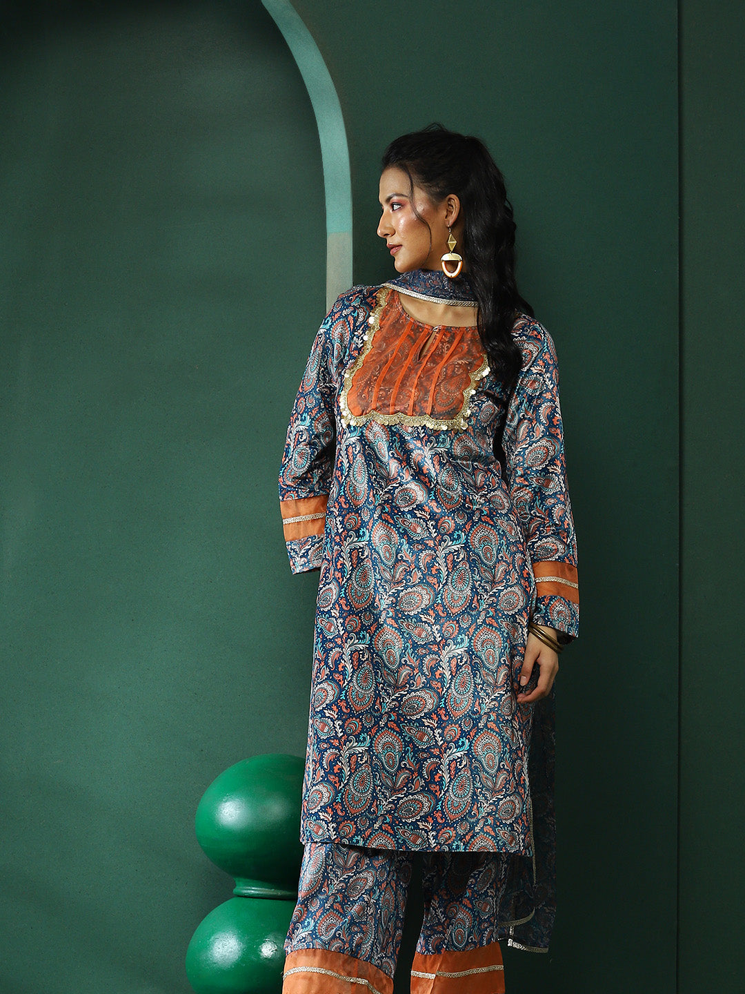 Blue Persian Motif Suit Set with Dupatta - Elganza