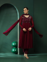 Burgundy Embroidered Anarkali Pant With Dupatta - Elganza