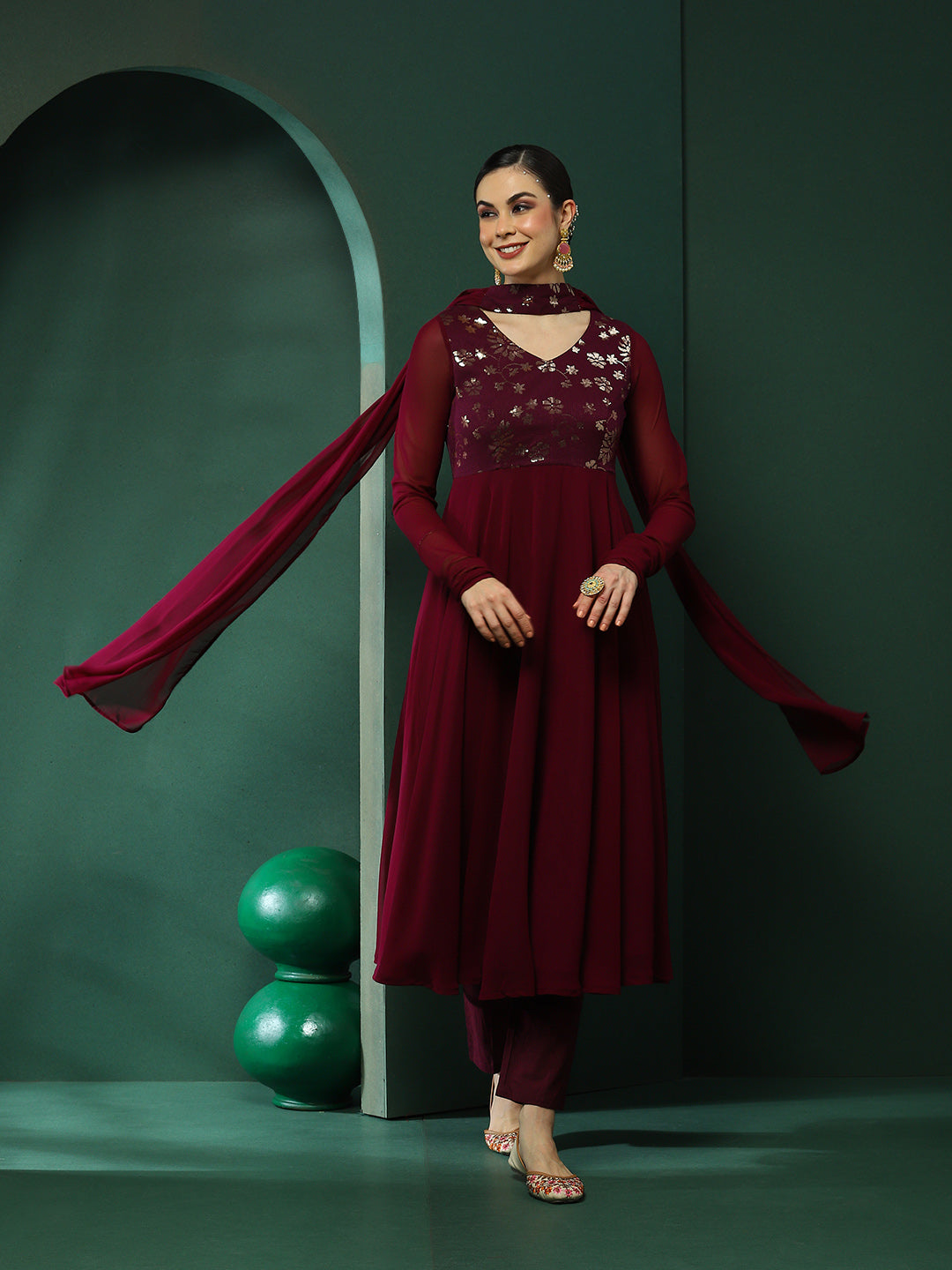 Burgundy Embroidered Anarkali Pant With Dupatta - Elganza