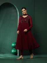 Burgundy Embroidered Anarkali Pant With Dupatta - Elganza