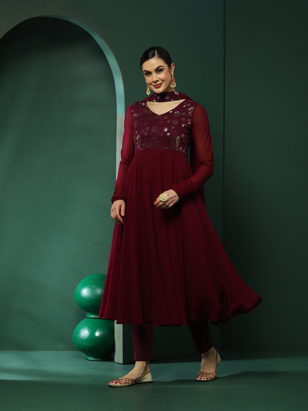 Burgundy Embroidered Anarkali Pant With Dupatta - Elganza