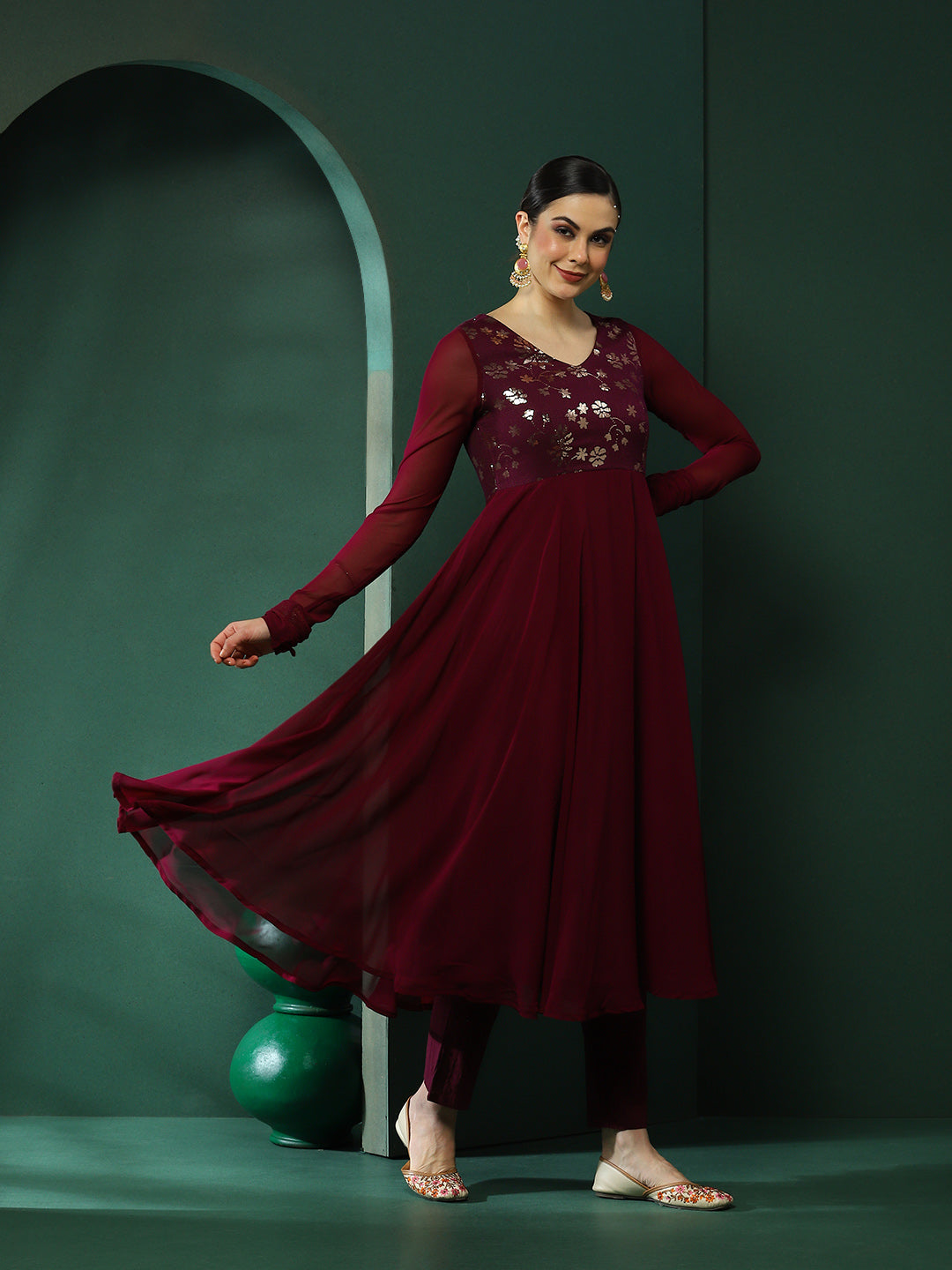 Burgundy Embroidered Anarkali Pant With Dupatta - Elganza