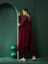 Burgundy Embroidered Anarkali Pant With Dupatta - Elganza