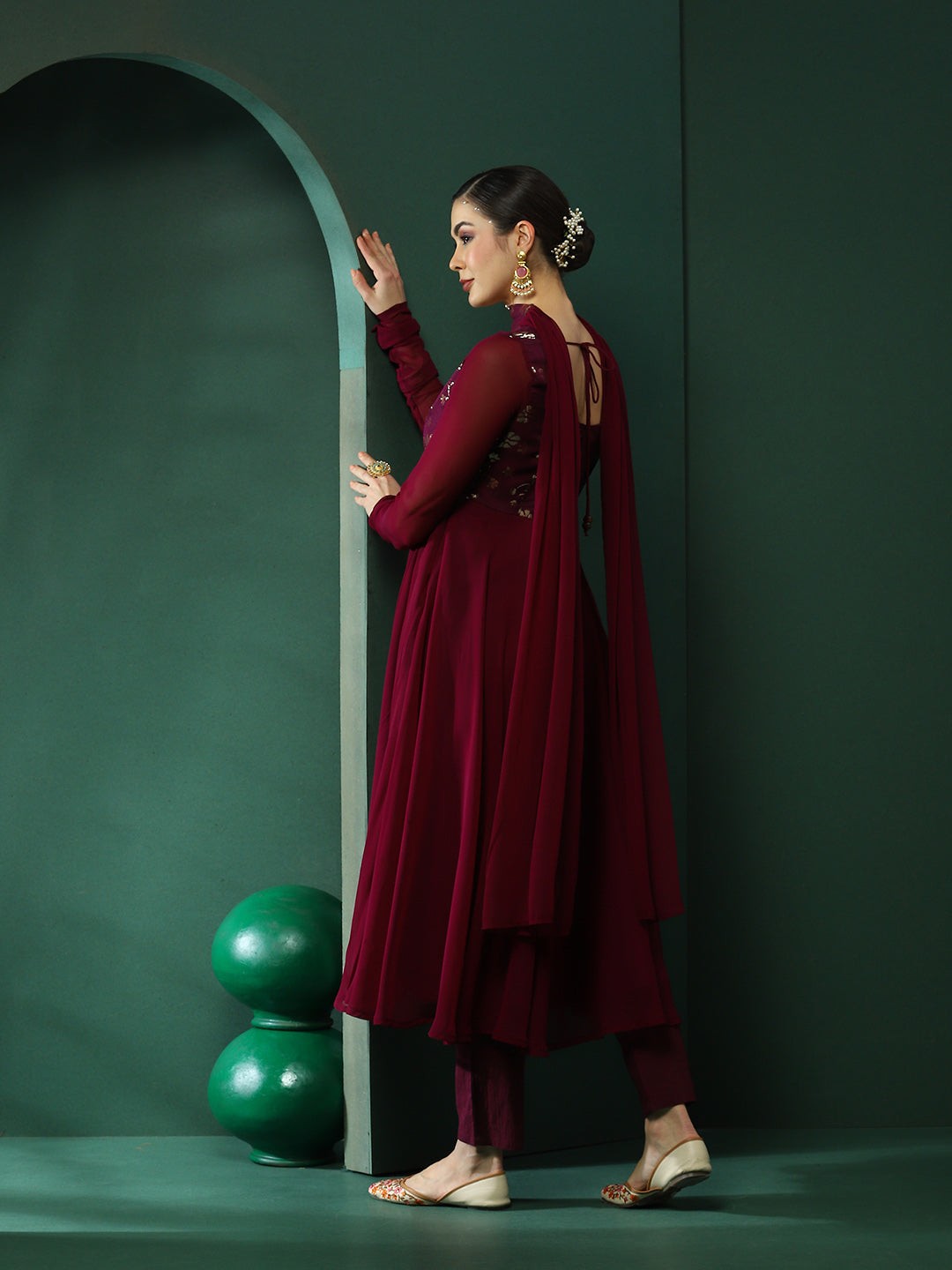 Burgundy Embroidered Anarkali Pant With Dupatta - Elganza