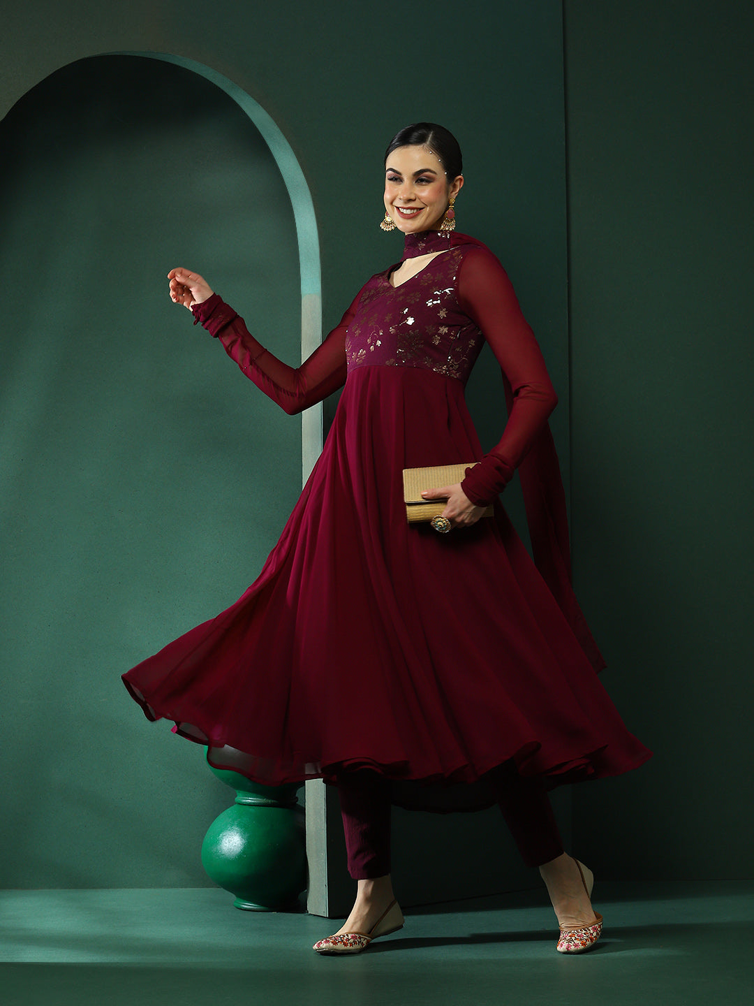 Burgundy Embroidered Anarkali Pant With Dupatta - Elganza