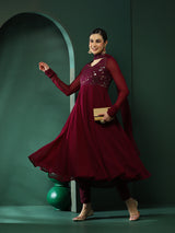 Burgundy Embroidered Anarkali Pant With Dupatta - Elganza