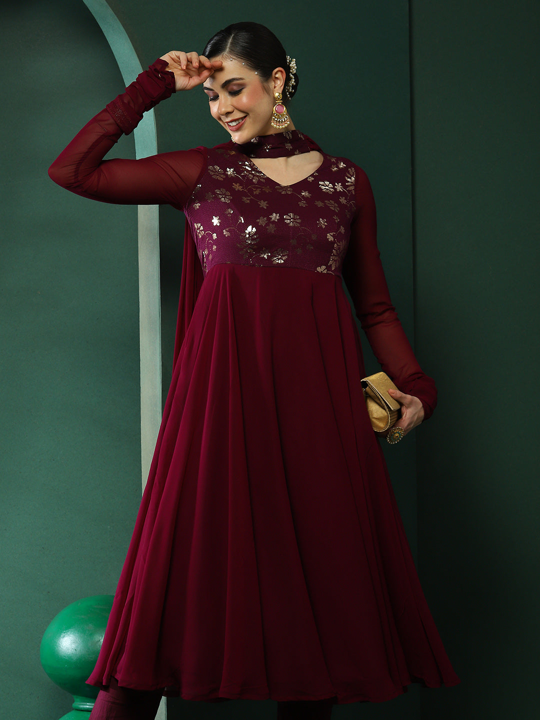 Burgundy Embroidered Anarkali Pant With Dupatta - Elganza