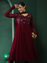 Burgundy Embroidered Anarkali Pant With Dupatta - Elganza
