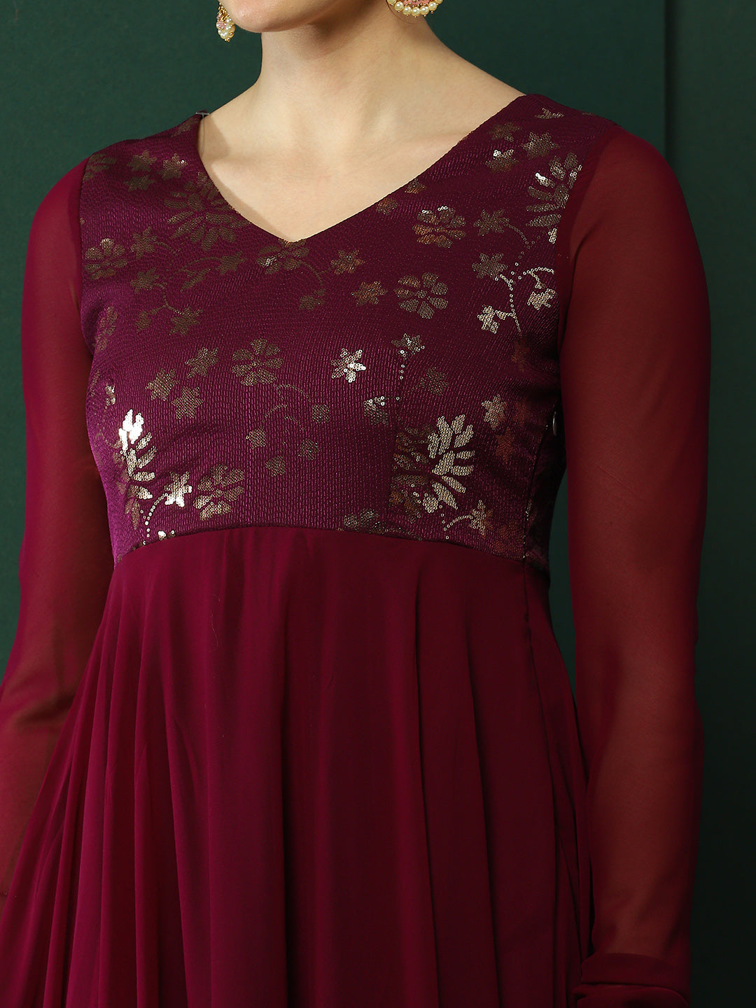 Burgundy Embroidered Anarkali Pant With Dupatta - Elganza