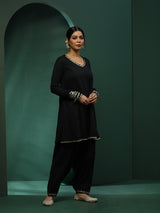 Black Pakistani Kurta Salwar With Embellished Dupatta - Elganza