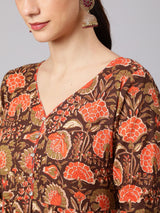Brown Floral Print Anarkali With Dupatta - Elganza