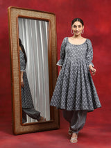Grey Ethnic Motifs Anarkali With Afghani Salwar - Elganza