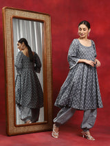 Grey Ethnic Motifs Anarkali With Afghani Salwar - Elganza
