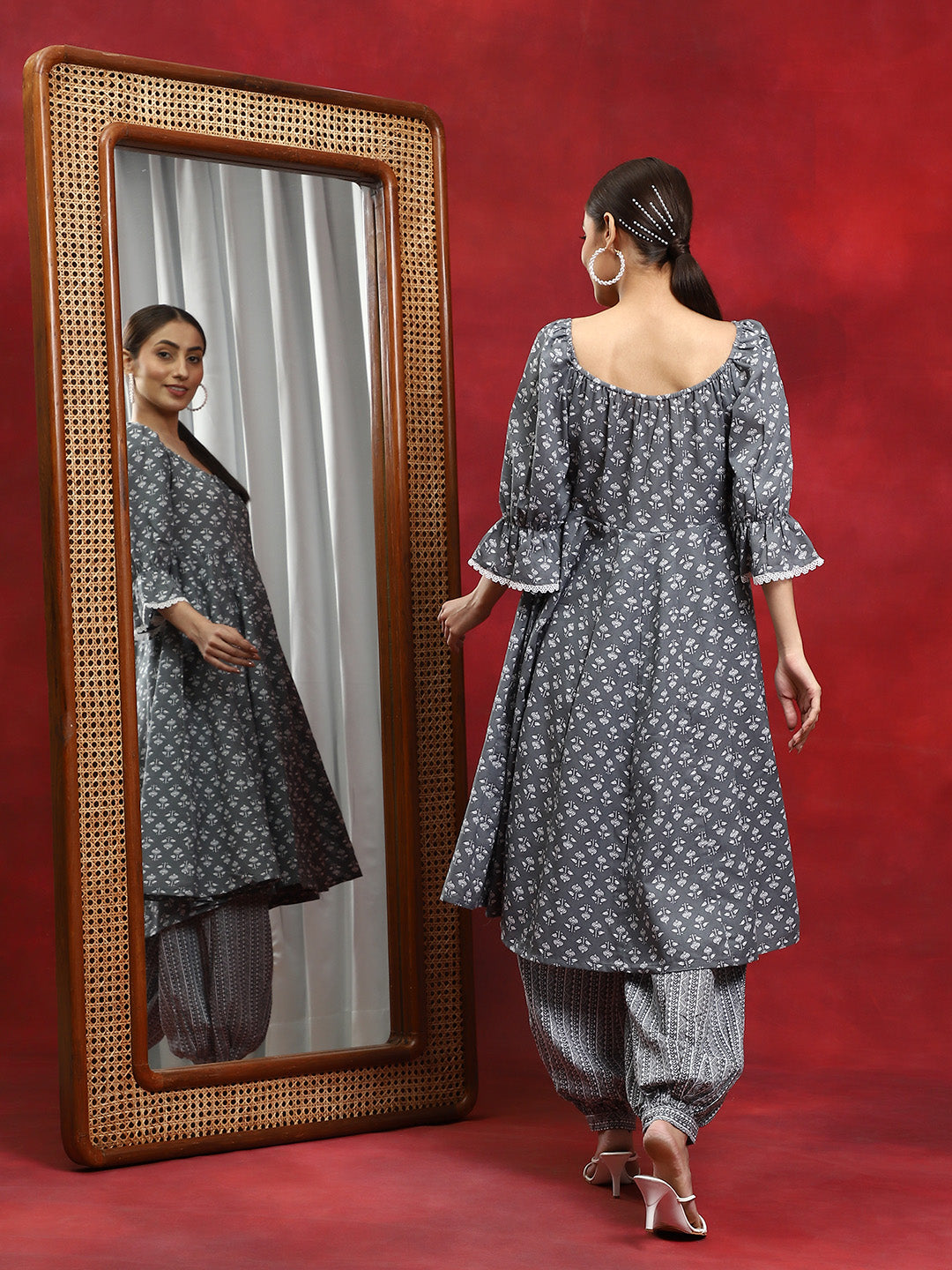 Grey Ethnic Motifs Anarkali With Afghani Salwar - Elganza