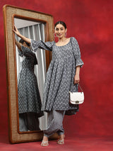 Grey Ethnic Motifs Anarkali With Afghani Salwar - Elganza
