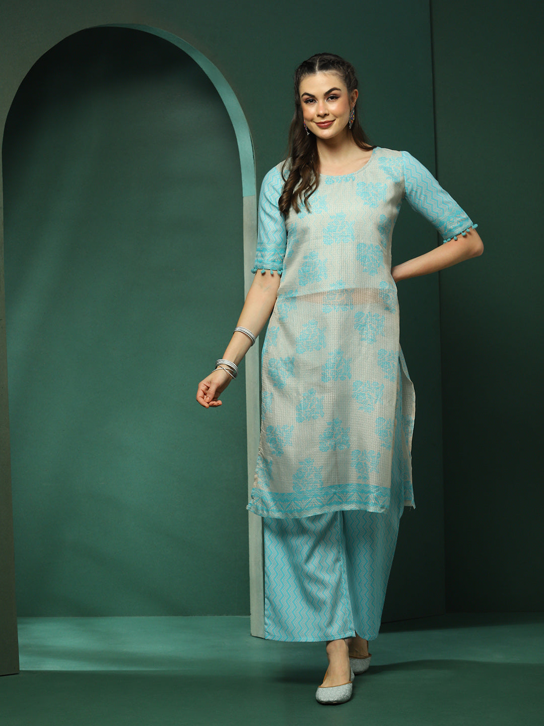 Cream & Blue Floral Print Kurta With Palazzo - Elganza