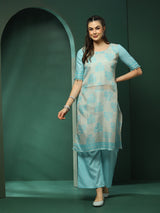 Cream & Blue Floral Print Kurta With Palazzo - Elganza