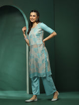 Cream & Blue Floral Print Kurta With Palazzo - Elganza