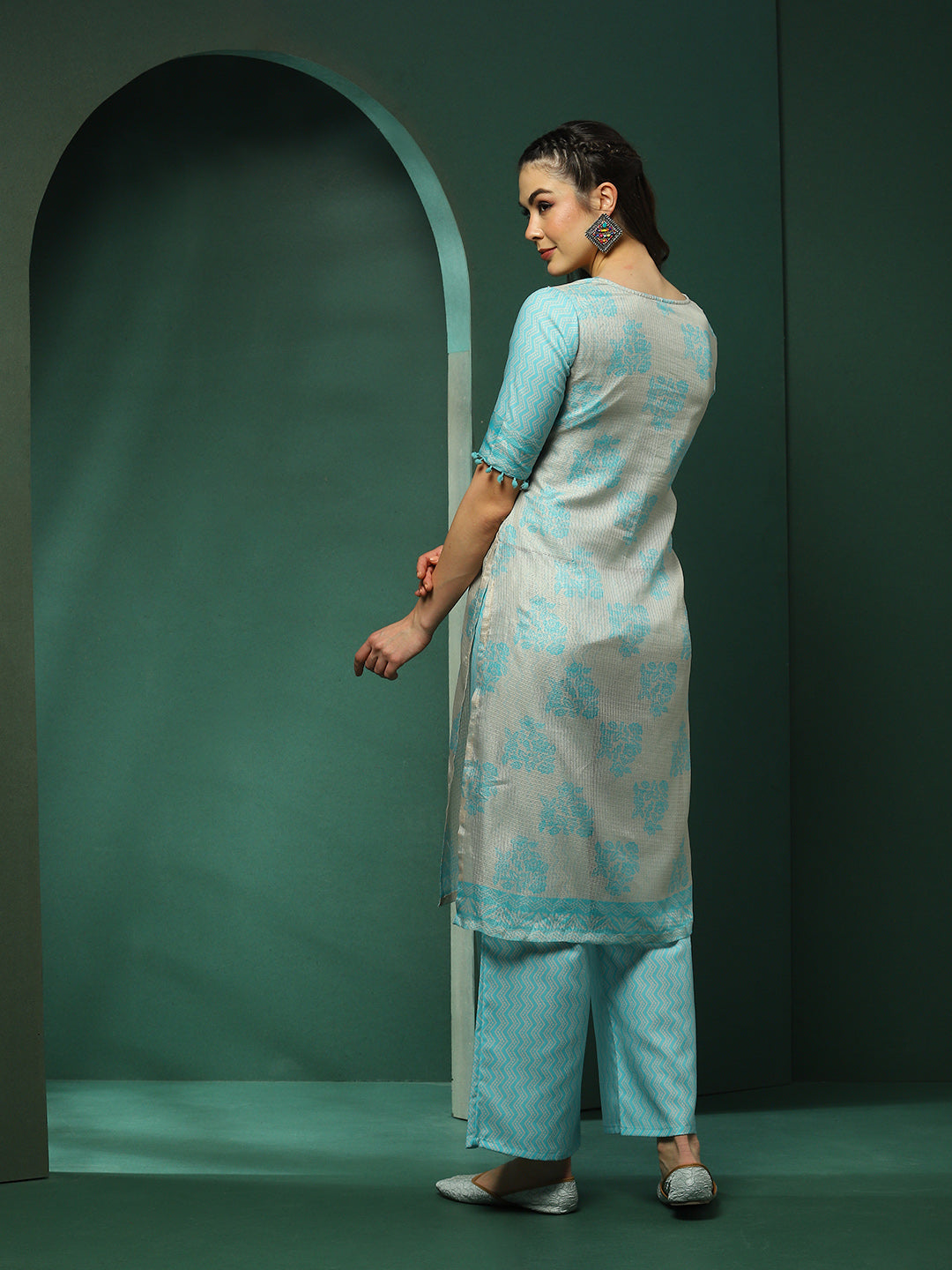 Cream & Blue Floral Print Kurta With Palazzo - Elganza