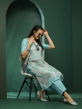 Cream & Blue Floral Print Kurta With Palazzo - Elganza