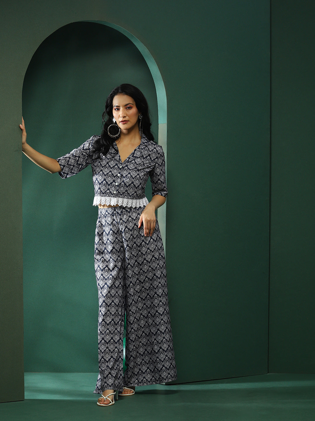 Navy Blue & White Printed Co-Ords Set - Elganza