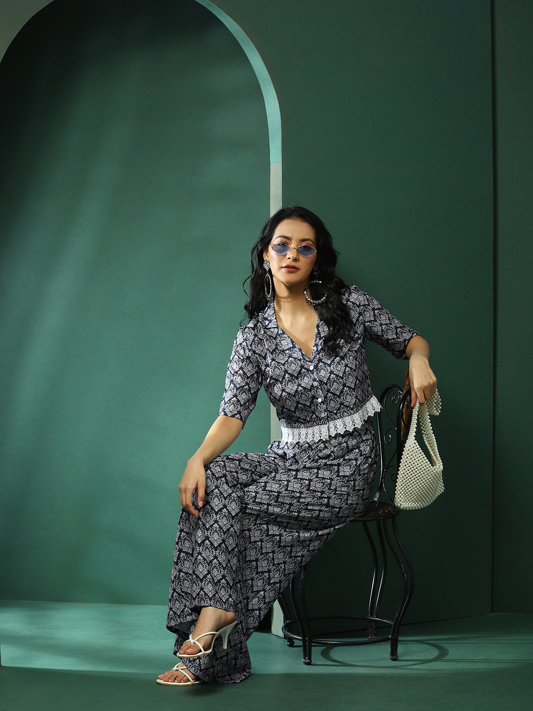 Navy Blue & White Printed Co-Ords Set - Elganza