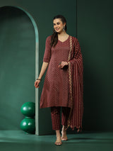 Maroon Printed A-Line Kurta Pant With Striped Dupatta - Elganza