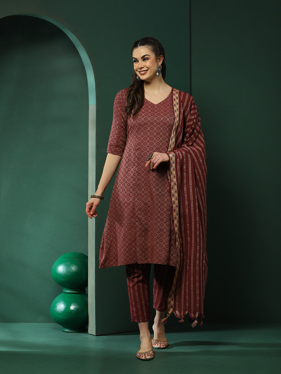 Maroon Printed A-Line Kurta Pant With Striped Dupatta - Elganza