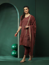 Maroon Printed A-Line Kurta Pant With Striped Dupatta - Elganza