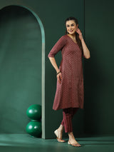 Maroon Printed A-Line Kurta Pant With Striped Dupatta - Elganza