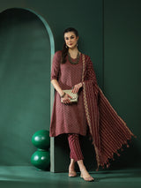 Maroon Printed A-Line Kurta Pant With Striped Dupatta - Elganza